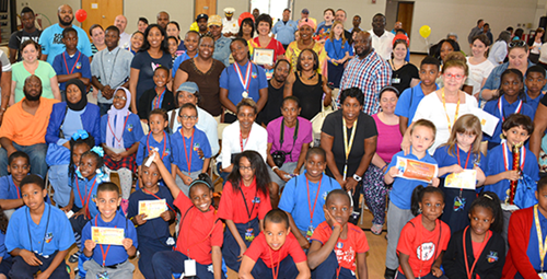 Students and Teachers celebrate First In Math success